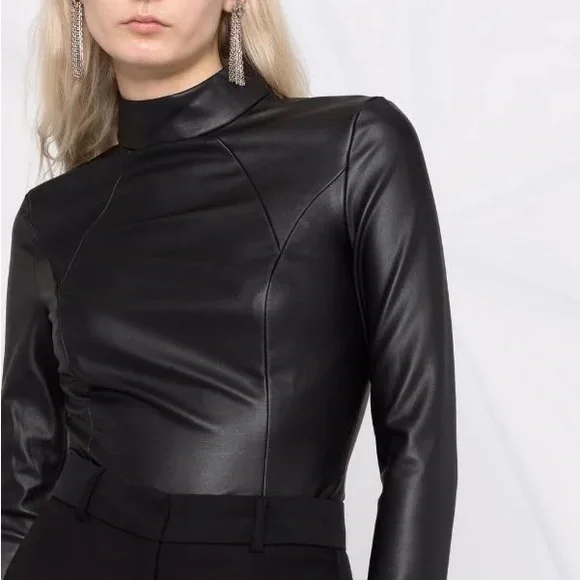 WOLFORD X AMINA MUADDI FAUX LEATHER BODYSUIT, SZ IT/40 FR/36